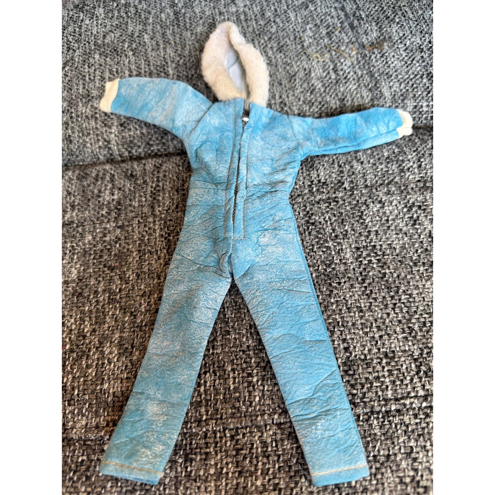 Vintage‎ Mod Barbie Blue Faux Leather Ski Suit Hooded Butterfly Zipper unmarked